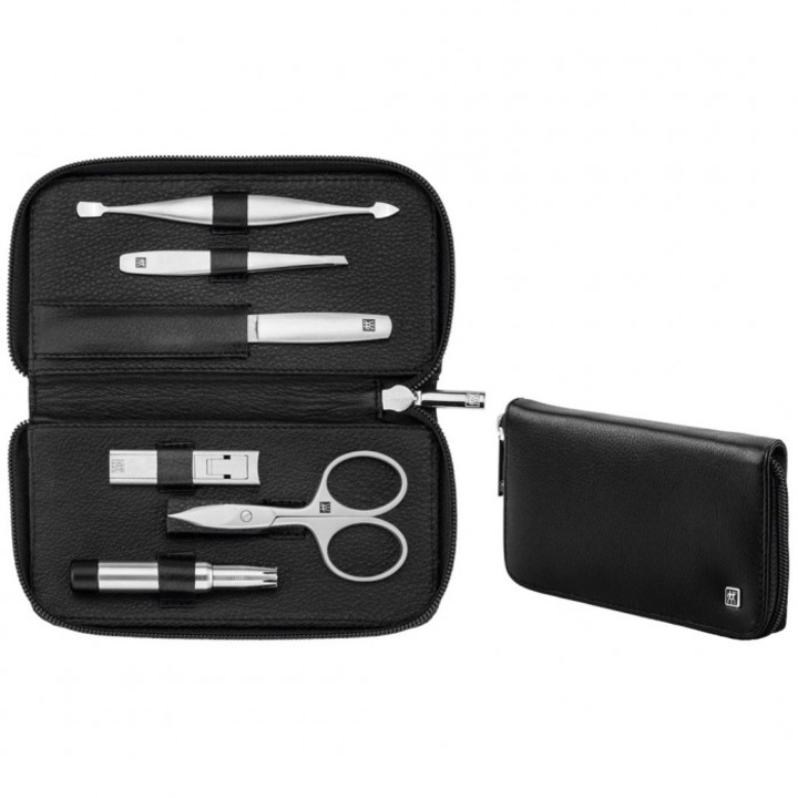 Trusa manichiura, Zwilling, 6 elemente, etui din piele, negru/argintiu