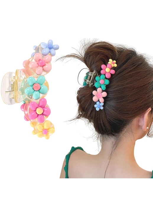 Agrafa de Par Boho Colorata cu Flori Pastelate, Clip Mare 10.5cm, Accesorii Elegante pentru Coafuri Romantice, Prindere Sigura, Material Durabil, Stilizare Usoara, Cadoul Perfect pentru Ea