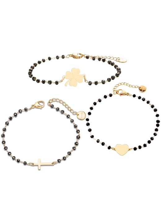 Set 3 bratari, Edibazzar, otel inoxidabil placat cu aur de 18k, perle negre, 17x5cm