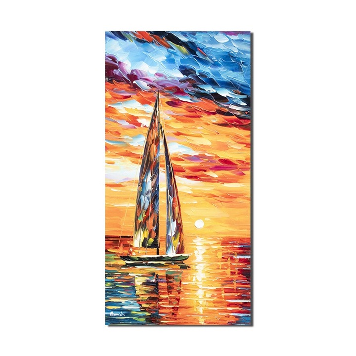 Tablou peisaj marin pictat manual, Asfintit cu velier, 80x40cm ulei pe panza in cutit efect 3D