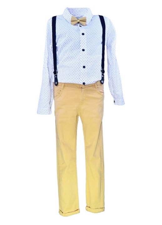 Compleu 4 piese pantaloni, camasa, papion si bretele pentru baieti Mini Junior COMP-5810, Bej 111383