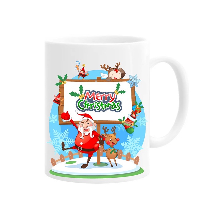 Cana personalizata cu mesaj "Merry Christmas Mos Craciun", model de Craciun, Betaprint, ceramica, 330ml