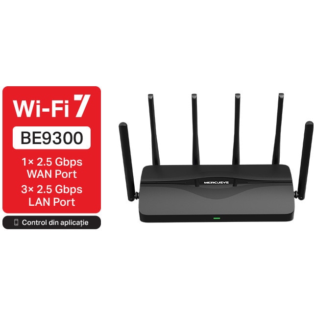Router Wireless Mercusys MR47BE, BE9300, Tri-Band, Wi-Fi 7, MLO , 4 porturi 2.5Gbps , compatibil EasyMesh