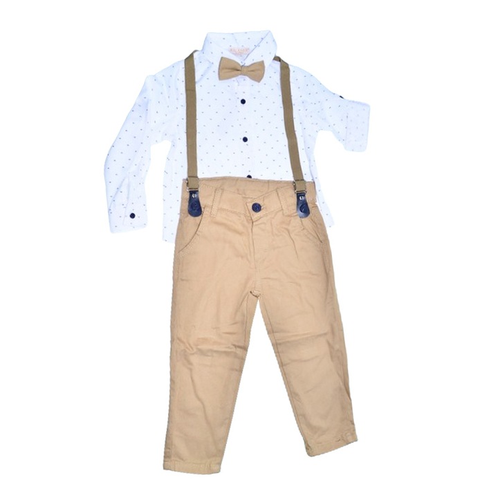 Compleu 4 piese pantaloni, camasa, papion si bretele pentru baieti Mini Junior, COMP-2407-B, Bej 111418