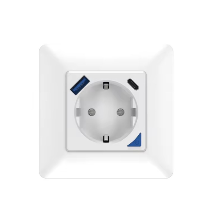 Priza inteligenta de perete cu incarcare rapida, USB-A si USB-C, WiFi, 16A, control prin aplicatie, alb