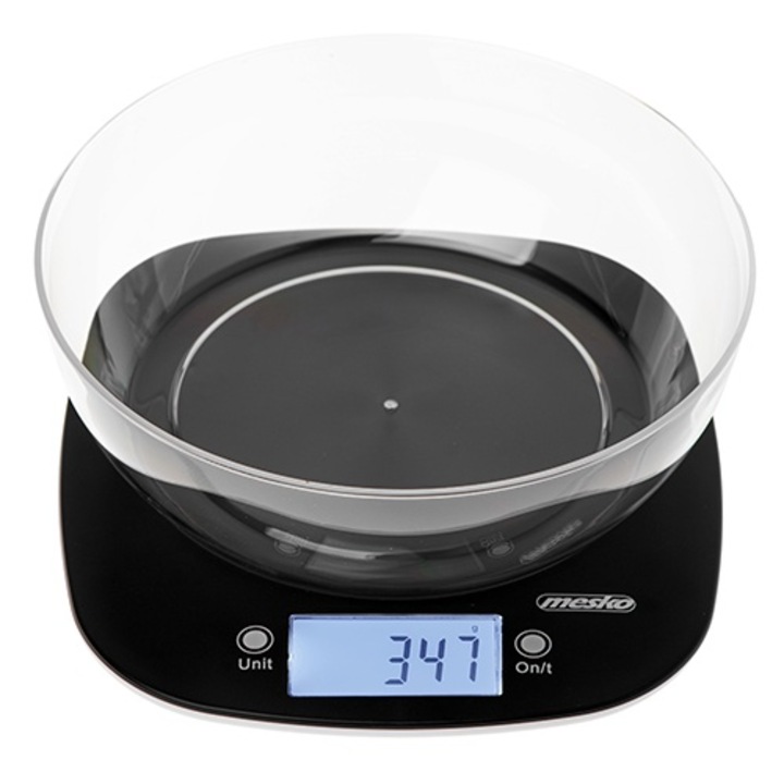 Konyhai mérleg tálal, Mesko, Digitális kijelző, Maximum 5 kg, Fekete/Átlátszó