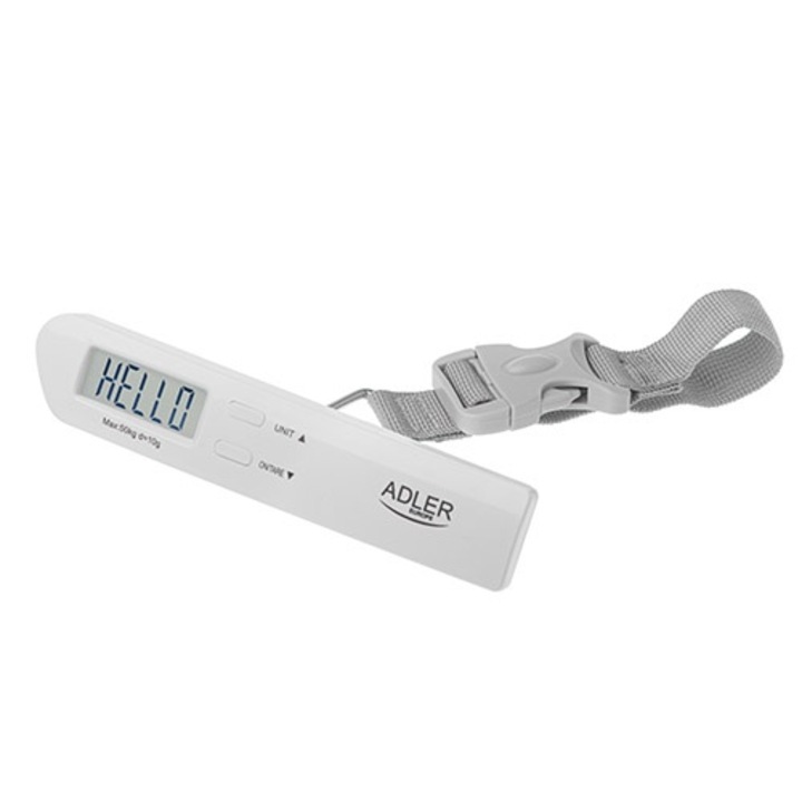 Cantar Bagaje, Adler, AD 8191, Capacitate 50kg, Afisaj LCD Iluminat, Functie Hold Si Tara, Alerta Depasire Greutate, Compact Si Usor, Ideal Pentru Calatorii, Include 2x Baterii AAA, 16x3x2cm, Alb