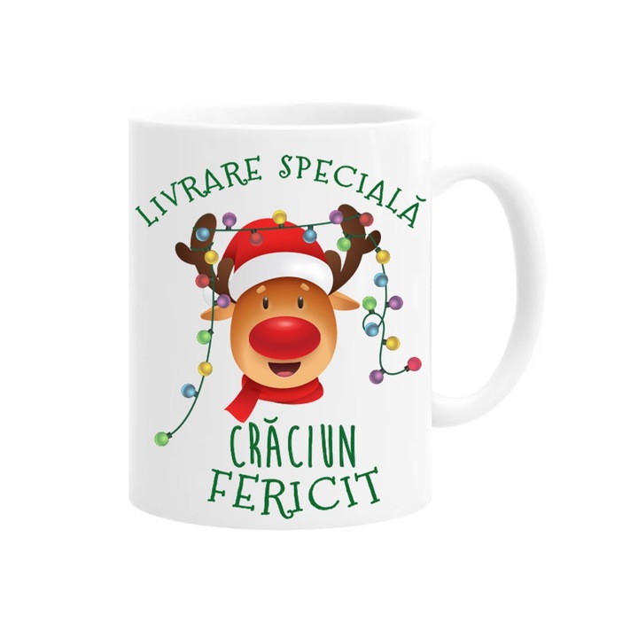 Cana personalizata cu mesaj "Livrare Speciala, Craciun Fericit", model de Craciun ren, Betaprint, ceramica, 330ml