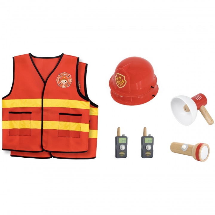Set de Jucarii Pompieri Viga Toys, 2 Veste Reflective, 2 Casti, Megafon, Lanterna, pentru Copii de la 3 Ani