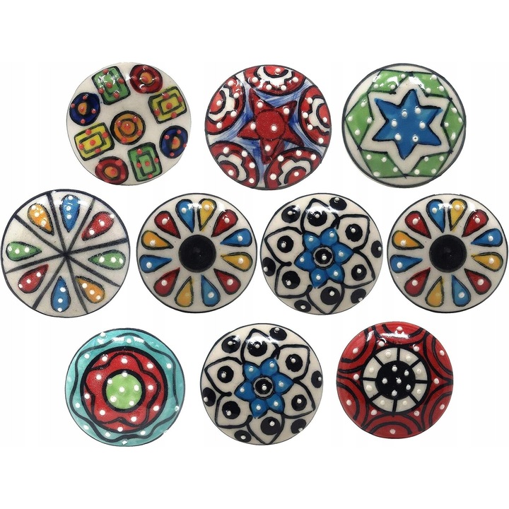 10 db dekoratív kerámia fogantyú készlet, Luka, mandala design, tarka, 55x38mm