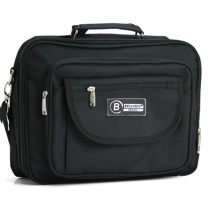 Férfi aktatáska, Bellugio, vízszintes, fő rekesz, kiegészítő zsebek, nylon, fekete, 30x23cm