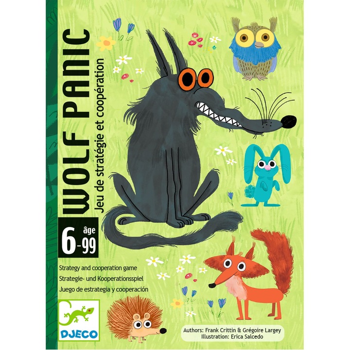 Joc de societate Djeco Wolf Panic, 42 carti, 8 jetoane, 8,6x11,9x2,9cm