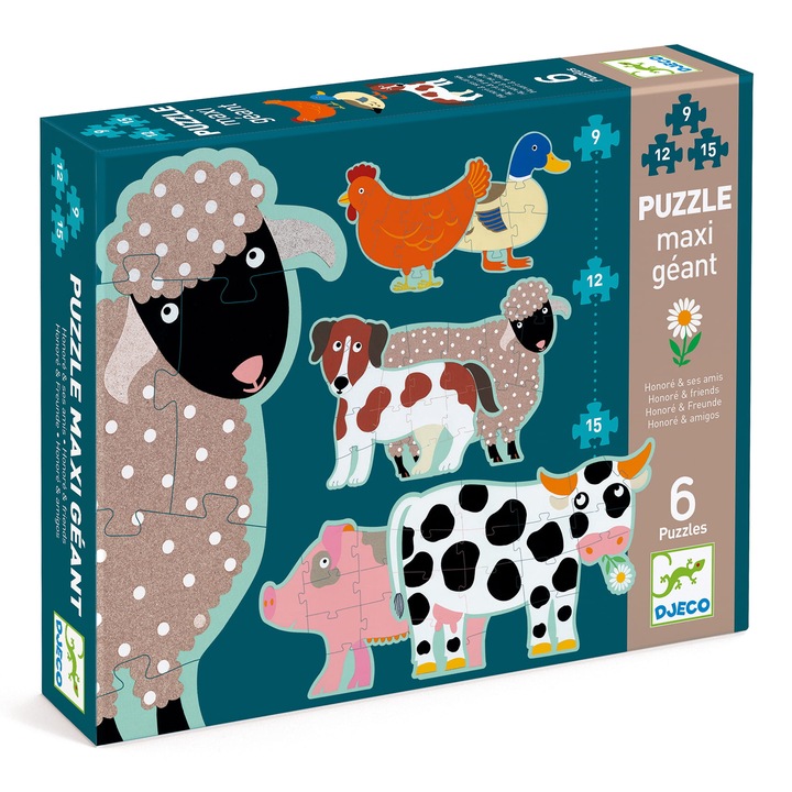 Puzzle cartonat gigant Djeco, 6 animale, 140 cm inaltime, 33.5x25.5x6 cm