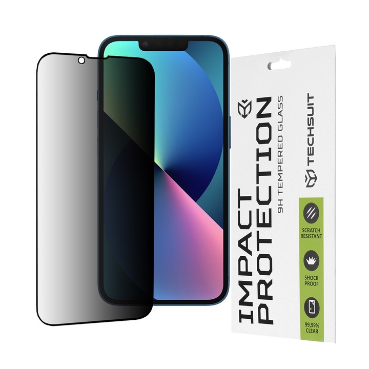 FixGuard felső képernyő privát üvegvédő fólia iPhone 13 / 13 Pro / 14 telefonhoz - fekete