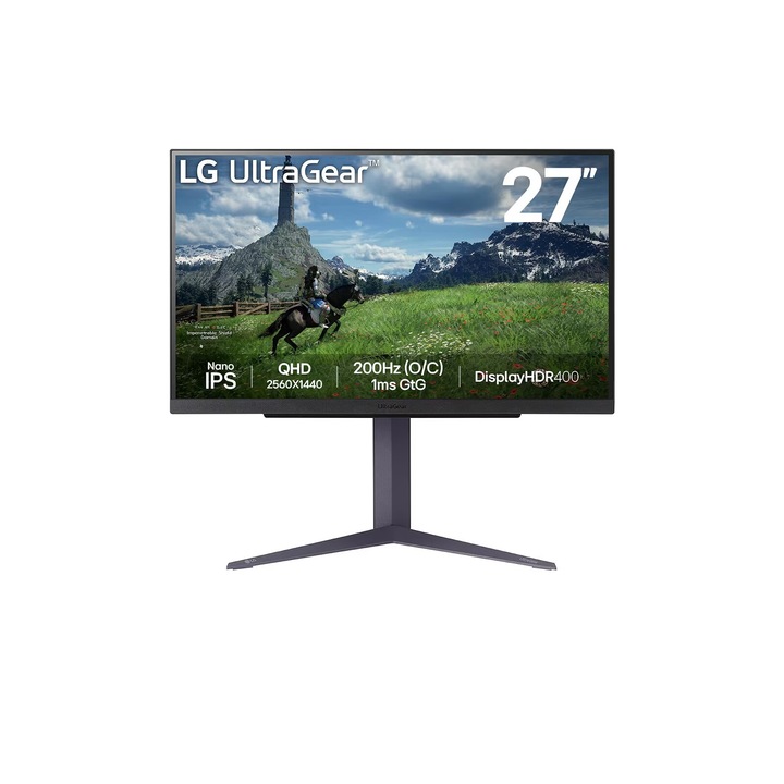 Monitor LG 27GS85Q-B, 27",UltraGear QHD Nano IPS,1 ms,AG,QHD (2560x1440),200 Hz,HDR 400,1000:1,400 cd/m2,DCI-P3 98%, USB3.0 (1 up/down) ),AMD Free-Sync,NVIDIA G-Sync,HDMI,DisplayPort,Magasságállítás,Döntés,Pivot,Fejhallgató kimenet,Fekete