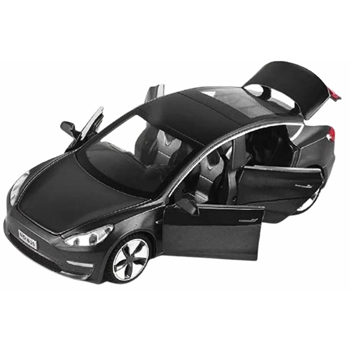 Játékautó, Tesla Model 3 típus, fém, hang és fény, fekete, 1:32, doboz nélkül