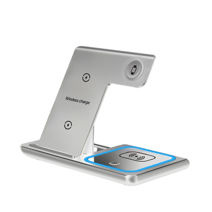 3 az 1-ben összecsukható töltőállomás csúszásgátlóval és éjszakai lámpával Apple készülékhez, ezüst