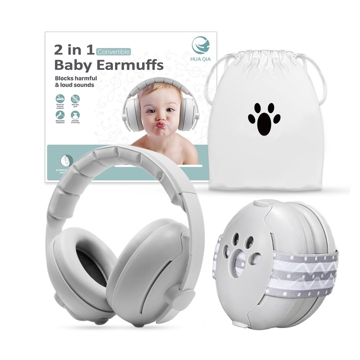 Антифони за бебета и деца 2 в 1, XUNNING, за защита на слуха, 2 взаимозаменяеми режима на използване, намаляване на шума 25dB SNR, За деца до 4 години, Сиви