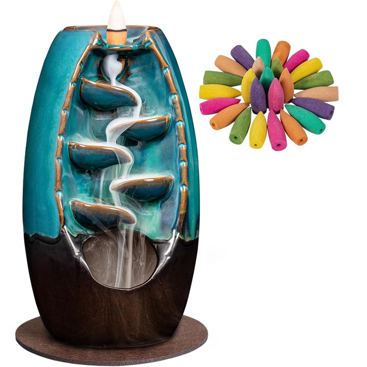 Suport Ardere Conuri Parfumate, cu Efect Cascada de Gheata Calda, 5 Trepte, Ceramica si Lemn, 70 Conuri Parfumate Incluse, 10x20x12 cm
