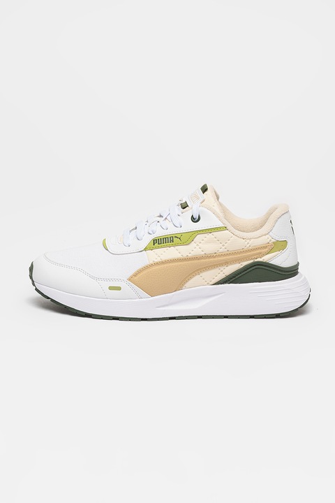 Puma, Pantofi sport low-cut cu segmente sintetice, Alb/Galben/Kaki, 44