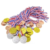 Set 30 Medalii cu Panglici, SINBINTA, Rezistenta la apa, Snur tricolor 36 cm, Nu se decoloreaza, Usor de curata, Pentru petreceri cu tematica olimpica, jocuri distractive si recompense pentru studenti, Plastic, 4.3x3.6x0.3 cm, Auriu/Argintiu/Cupru