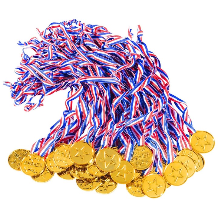 Set 30 Medalii, SINBINTA, Rezistenta la apa, Snur tricolor 36 cm, Durabile, Nu se decoloreaza, Usor de curata, Pentru petreceri cu tematica olimpica, jocuri distractive si recompense pentru studenti, Plastic, 4.3x3.6x0.3 cm, Aur