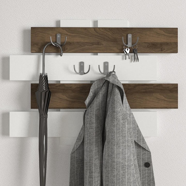 Cuier de Perete Bold Hooks UnicUtil®, 80 x 60 cm, Structura Stabila din PAL cu Agatatori Multiple Metalice, Design Minimalist si Functional, Ideal Pentru Organizarea Hainelelor si Accesoriilor in Holuri Moderne sau Spatii Inguste, Finisaj Alb-Maro Elegant