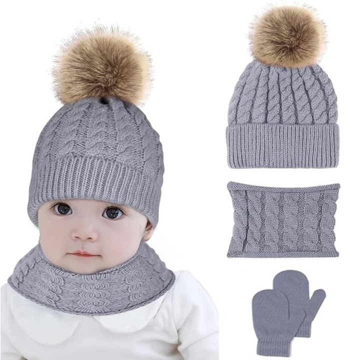 Set 3 piese, Caciula, esarfa si manusi pentru copii, tricotat, 1-5 ani, Gri