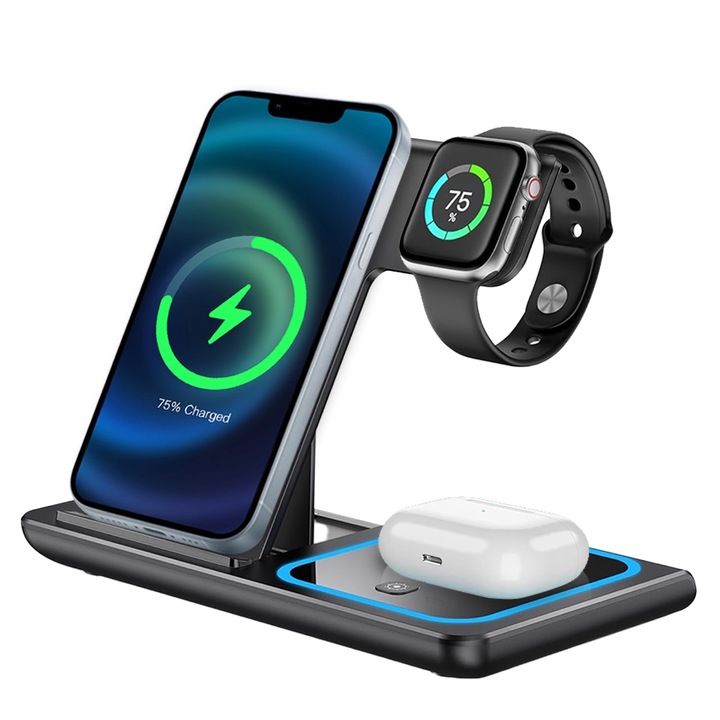 3 в 1 зарядна станция за iPhone, Apple Watch и AirPods, сгъваем дизайн, защита от пренапрежение, нощна светлина, черен