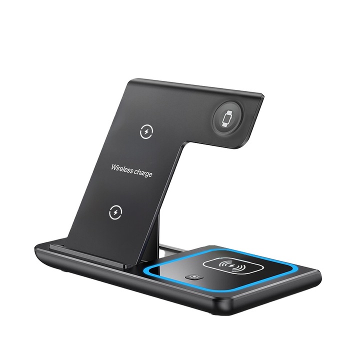 3 az 1-ben töltőállomás iPhone-hoz, Apple Watchhoz és AirPodokhoz, összecsukható kivitel, túlfeszültség-védelem, éjszakai lámpa, fekete