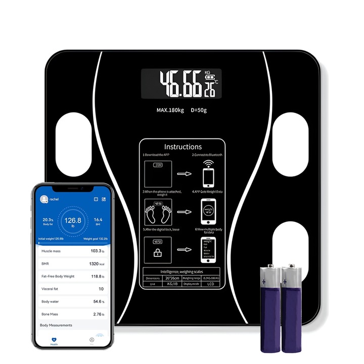 Cantar Electronic Inteligent Teno®, pentru baie, corporal, aplicatie smart, indicator greutate/baterie/temperatura, conectare bluetooth, afisaj digital iluminat, greutate maxima suportata 180 kg, baterii incluse, negru