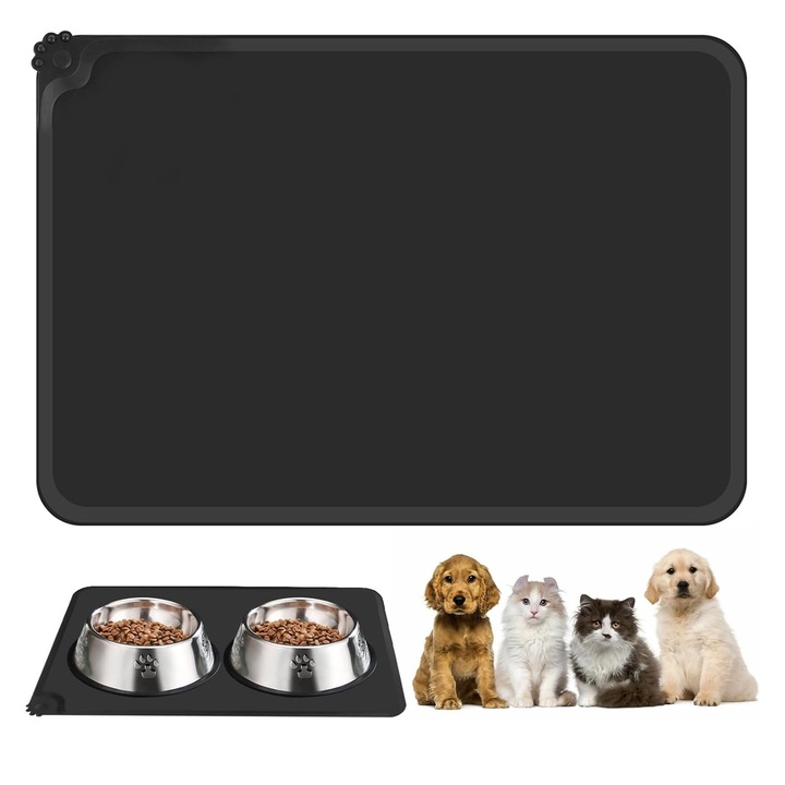 Covoras pentru hrana animalelor de companie, SINBINTA, Covorasele de hranire pentru caini si pisici pentru hrana si apa previn scurgerea, Silicon, Fara BPA, Marginea ridicata, Rezistent la apa, Pliabil, 55x38cm, Negru