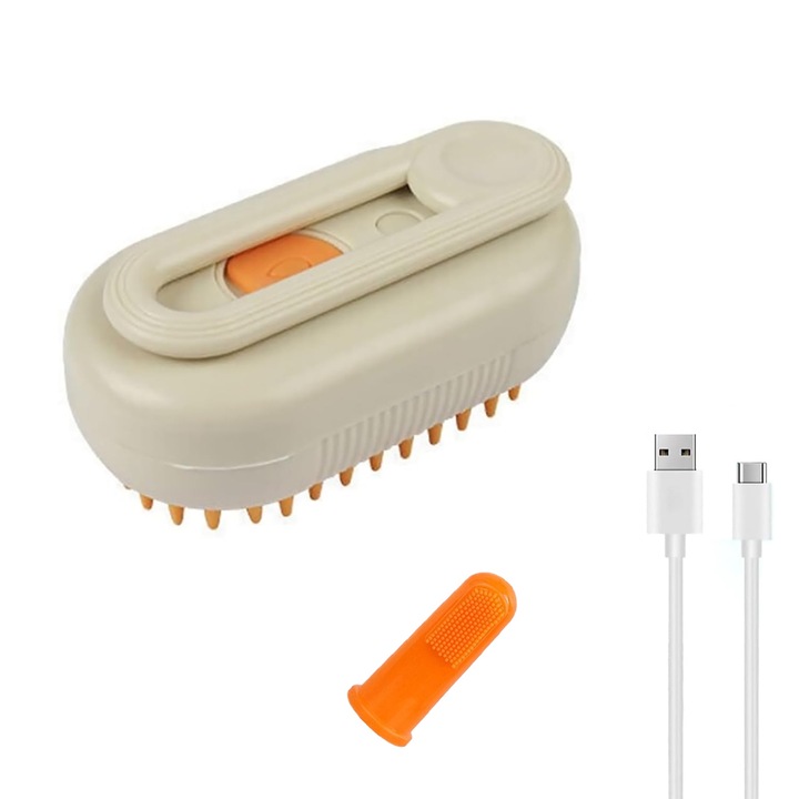 Kisállat gőzkefe, SINBINTA, 3 az 1-ben, 1 ujjas kefével és USB-kábellel, beépített adagoló, puha szilikon sörték, könnyen használható, ergonómikus kialakítás, masszázshoz, szőrtelenítés, tisztítás, ABS, 19,5 × 6,5 × 4,5 cm, Krém