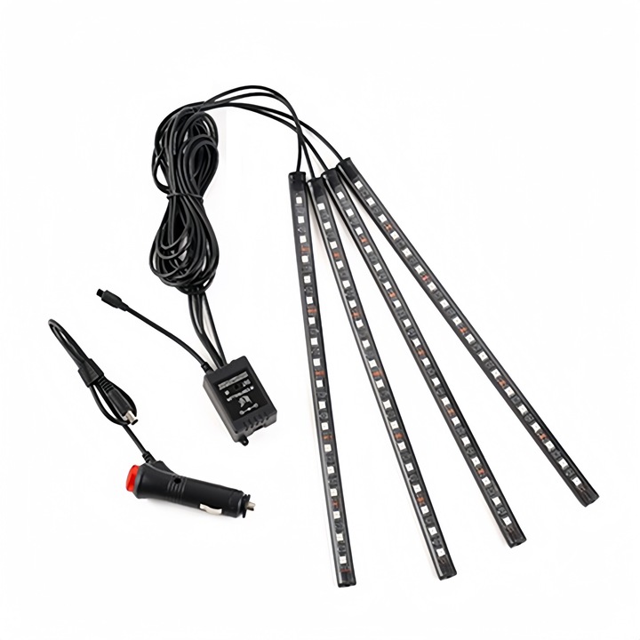 Kit iluminare ambientala auto banda LED RGB cu telecomanda, JENUOS®, interior masina, 4 benzi, 8 culori, senzor muzica, Incarcare la bricheta auto, mod Symphony, 12V, Negru