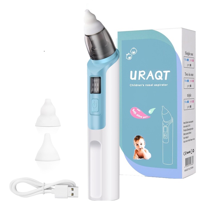 Aspirator nazal electric, JENUOS®, destinat nou nascutilor si copiilor cu varste pana la cativa ani, 2 capete de aspirare incluse, putere de aspirare 65 kpa, 6 trepte de aspirare, portabil, silentios, Albastru