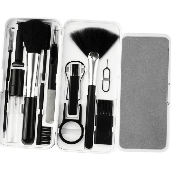 Kit multifunctional 18 in 1 pentru curatarea produselor electronice, Zola, carcasa depozitare, 12.5x5x2.5 cm, negru/gri
