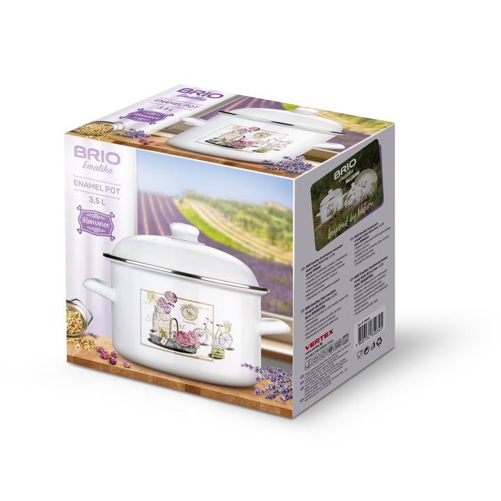 Емайлирана тенджера Brio Emaliкa, права, бяла, Ø22х13см 3.5л декор Романс