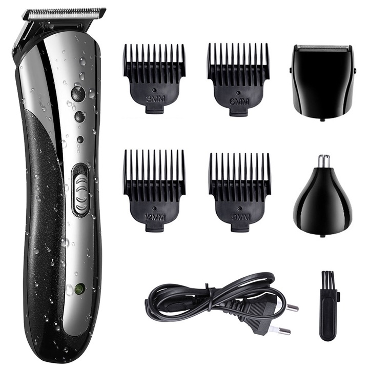 Aparat de tuns barba si parul 3 in 1, RASK, pentru parul corporal, nazal si urechi, reincarcabil, rezistent la apa, negru