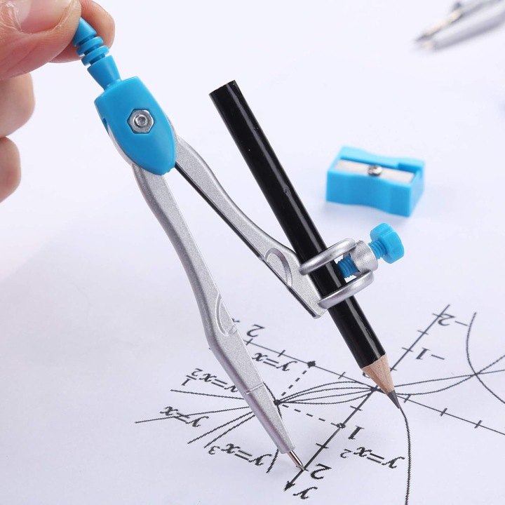 Set 10 Compas reglabil cu creion mecanic si accesorii, Plastic Flexibil, desen, enkourakoko®, Albastru