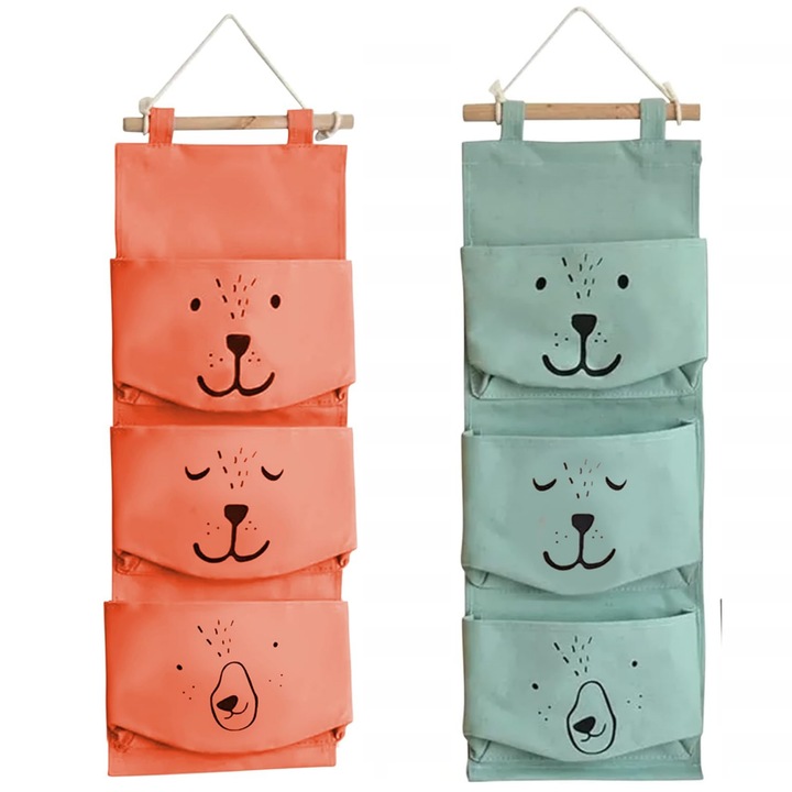 Set 2 Organizator pentru jucarii si carti, cu 3 Compartimente Spatioase, Material Textil, enkourakoko®, Roz/ Verde