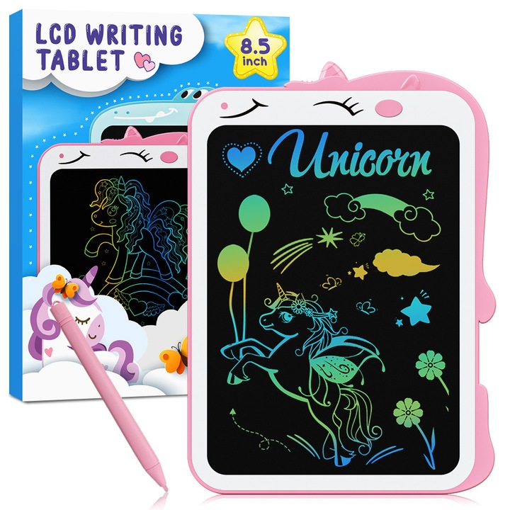 Tableta de scris pentru copii, Unicorn desen animat, 8.5 inch, alb/roz