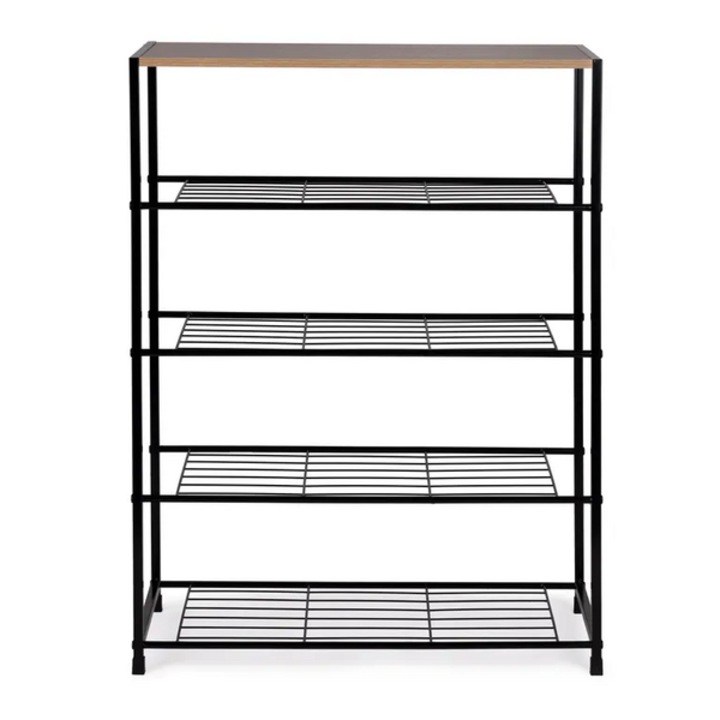 LOFT stílusú cipőtartó állvány fa polcokkal 16 pár cipő számára, 30x52.5x63.5 cm, fekete-fa szín