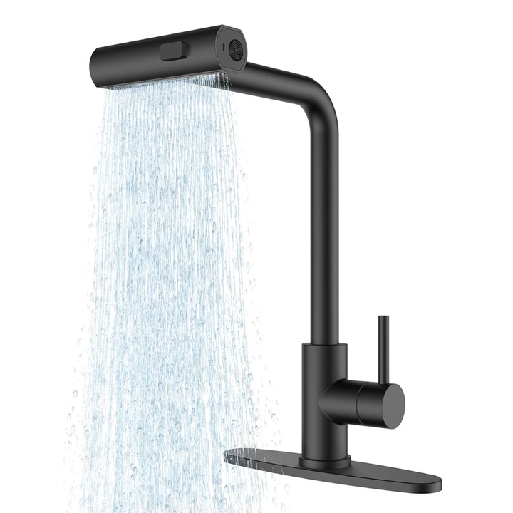 Професионален смесител за кухненска мивка, изработен от неръждаема стомана, 3 функции, режим на воден поток, въртене, разтегателен душ, водопад, модерен, неръждавейка