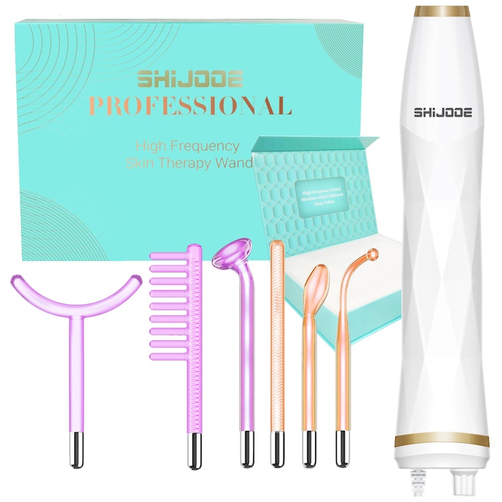 Electroderm Устройство за козметично лечение，SHIJOOE，преносимо，високочестотна аргонова технология и 6，високочестотна терапия за акне，бръчки, кожа, себорейна коса, стимулатор на скалпа, контрол на петна, биостимулация на лицето, повдигане, бяло