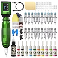 Set masina de tatuat fara fir，SHIJOOE®，Portabil，Aliaj de aluminiu, Colorat rapid, viteza 8000 RPM，cu 20 ace，11 de culori, 40 cupe de culoare，design ergonomic, tip stilou, Potrivit pentru incepatori, profesional，verde