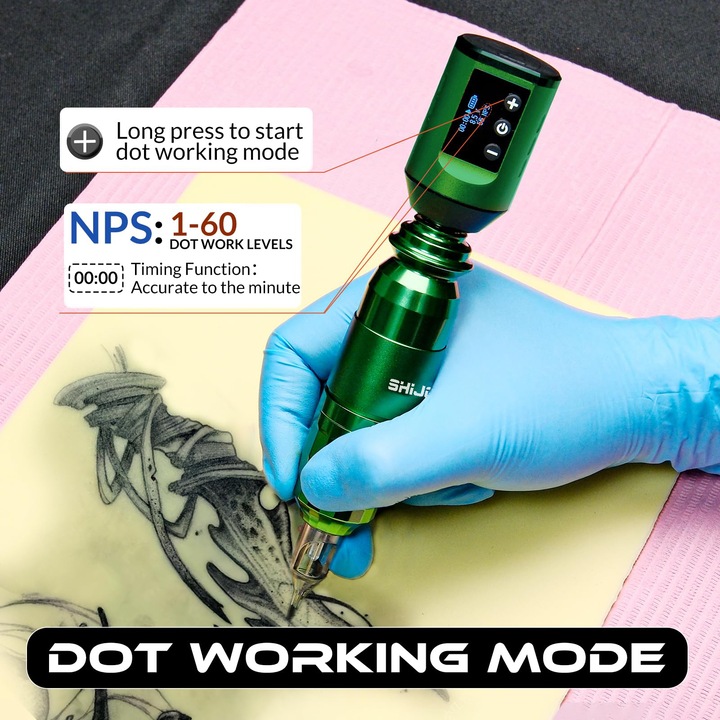 Комплект безжична машина за татуиране，SHIJOOE®，Преносим，Алуминиева сплав, Бързо оцветяване, скорост 8000 RPM，с 20 игли，11 цвята, 40 цветни чаши，ергономичен дизайн, тип химикалка, Подходящ за начинаещи, професионален，зелен