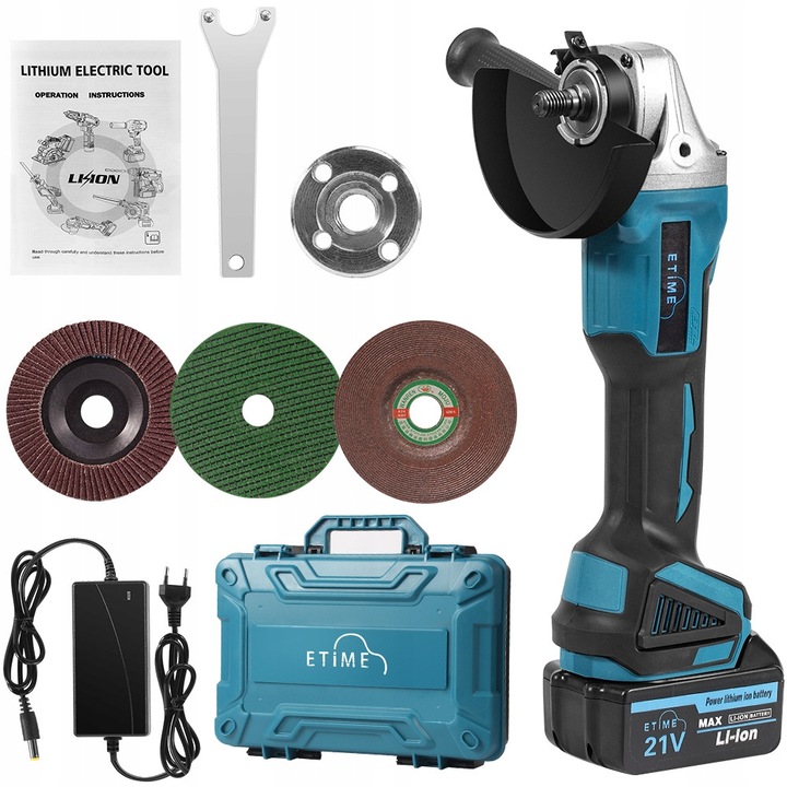 Polizor unghiular ETiME 21V 1000W 125mm, acumulator 3000mAh, culoare albastra, sistem de racire optimizat, set complet