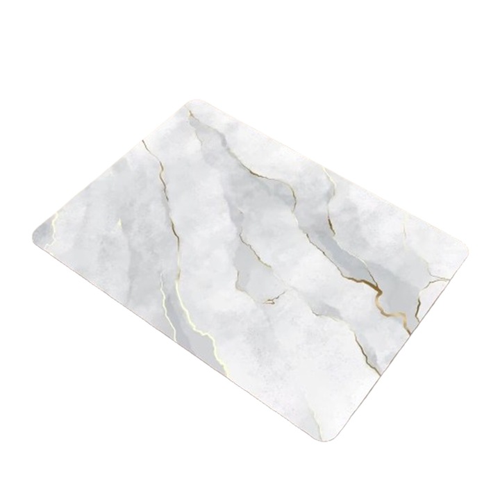 Suport pentru uscarea vaselor modern, Hggzeg, Ultra absorbant, Din diatom, Model marmorat, Anti alunecare, Uscare rapida, Sigur si netoxic, Pentru blat bucatarie, Uscare vesela si tacamuri, 40x50cm, Alb