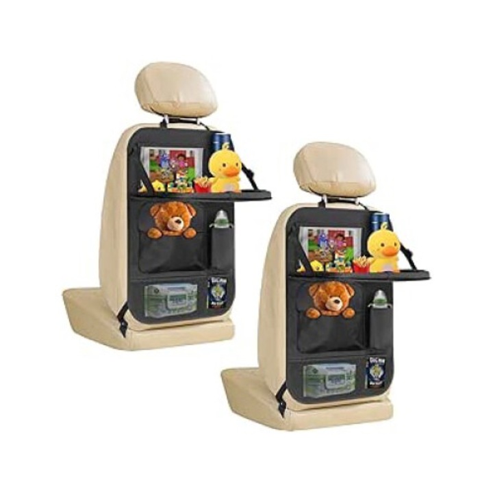 2 db-os autós rendszerező készlet az ülés háttámlájához összecsukható asztallal, többfunkciós, fekete, 58x42 cm