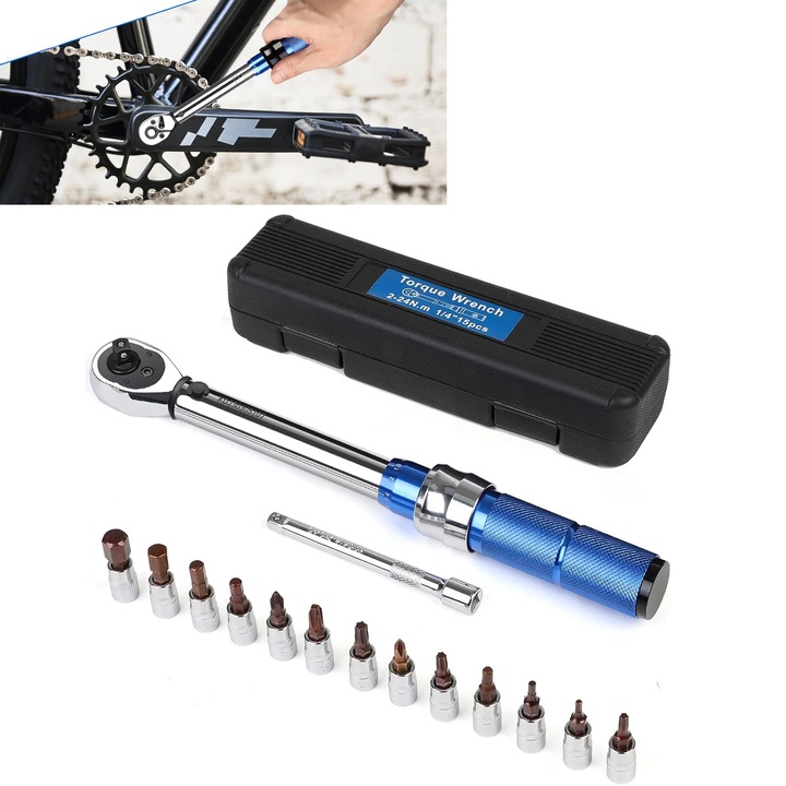 Set cheie dinamometrica pentru bicicleta, cheie de cuplu pentru bicicleta si motocicleta, cheie de cuplu de 1/4 inch 2-24 Nm, set de prize de 21 de bucati 72 de dinti Ratchet reversibil cu extensie